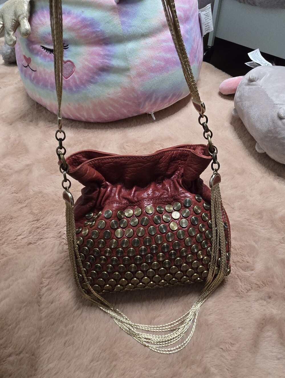 Rebecca Minkoff Studded Red Leather Shoulder Bag with Gold Chain